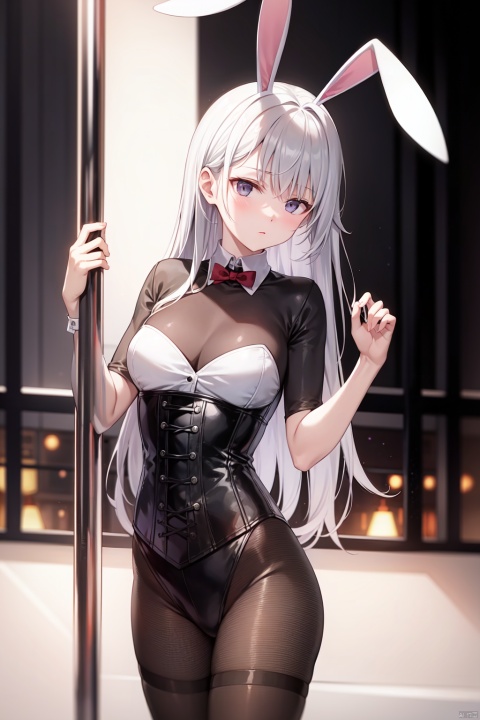 In the bar, pole dancing on the pole, clothes exposed, translucent clothes, black rabbit ears, black fishnet socks, black corset, there is a lot of white mucus on the ground