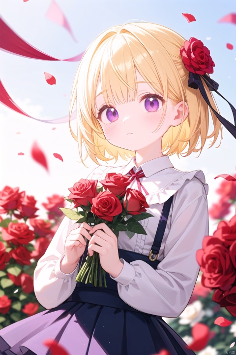 1girl, bangs, blonde_hair, blue_rose, blurry, blurry_foreground, bouquet, confetti, depth_of_field, dress, eyebrows_visible_through_hair, falling_petals, flower, frills, hair_flower, holding, holding_flower, long_sleeves, looking_at_viewer, motion_blur, one_eye_covered, petals, pink_flower, pink_rose, purple_eyes, purple_rose, red_bow, red_flower, red_ribbon, red_rose, rose, rose_petals, short_hair, skirt, solo, thorns, upper_body, white_background, white_flower, white_rose, wind, yellow_rose