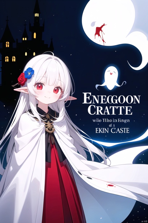  1girl, (loli:1.2), red eyes, white cape, (white hair), long hair, (red hair flower), (blood:1.2), (ghost castle:1.2), (english text), (silhouette), long bangs, evil smile, cover, text below, (distant view:1.2), ethereal dragon