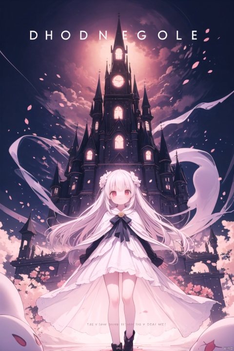 1girl, (loli:1.2), red eyes, white cape, (white hair), long hair, (red hair flower), (blood:1.2), (ghost castle:1.2), (english text), (silhouette), long bangs, evil smile, cover, text below, (distant view:1.2), ethereal dragon