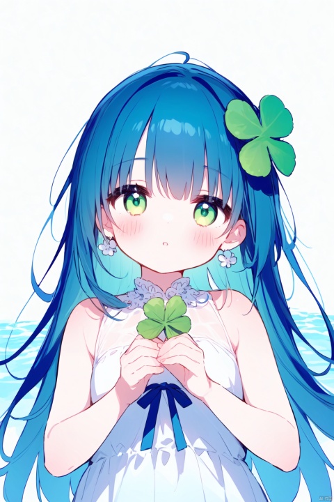 (((artist:nano))),masterpiece,best quality,high quality,(colorful),[Artist sk (askzy)],[Artist wlop],Artist SHC, 1girl,Luo Tianyi (Vocaloid), clover, solo, long hair, green eyes, four-leaf clover, dress, flower, own hands together, looking at viewer, water, hair ornament, parted lips, very long hair, bangs, earrings, white background, jewelry, bare shoulders, upper body, white dress, hair flower, ribbon, simple background, hands up, blush