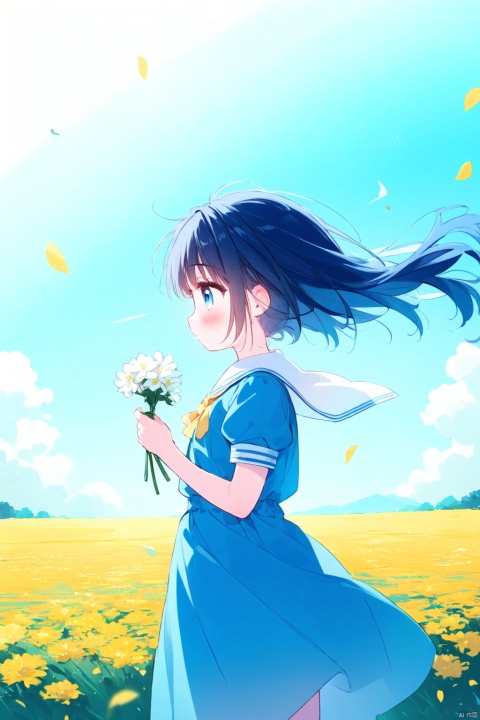 (((artist:nano))),loli,1girl, solo, blush, bangs, blue eyes, dress, holding, closed mouth, blue hair, standing, flower, short sleeves, outdoors, sky, day, puffy sleeves, cloud, sailor collar, from side, blue sky, puffy short sleeves, petals, profile, floating hair, blue dress, border, cloudy sky, white flower, wind, sailor dress, white sailor collar, yellow flower, holding flower, field, flower field, dandelion