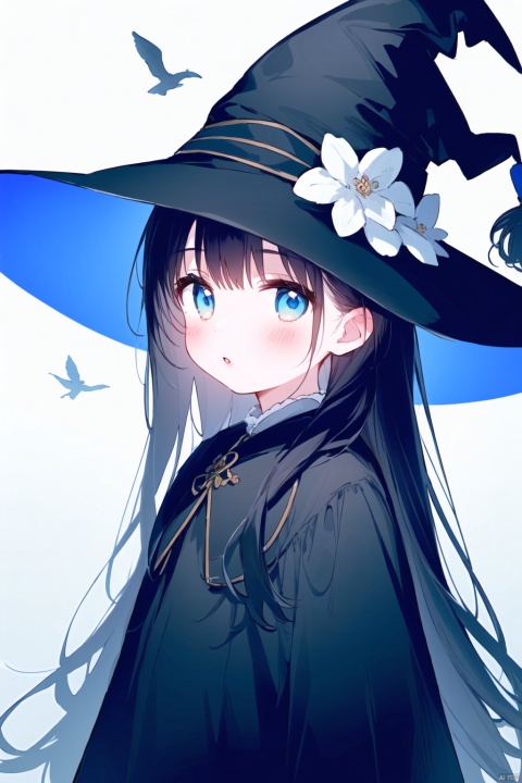 (((artist:nano))),loli,1girl, solo, long hair, looking at viewer, blue eyes, black hair, hat, dress, flower, lips, witch hat, bird, witch