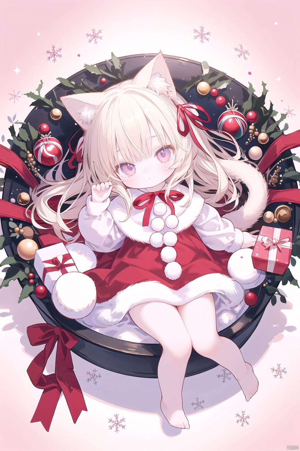 1girl,loli,petite child,cat ears,( ribbon:1.2),christmas,full body,in gift box,highres fix, ( ribbon:1.2),((masterpiece)), (best quality:1.2),(very fine 8K CG wallpaper1.2),colorful,(ultra-detailed:1.2),(illustration:1.2)