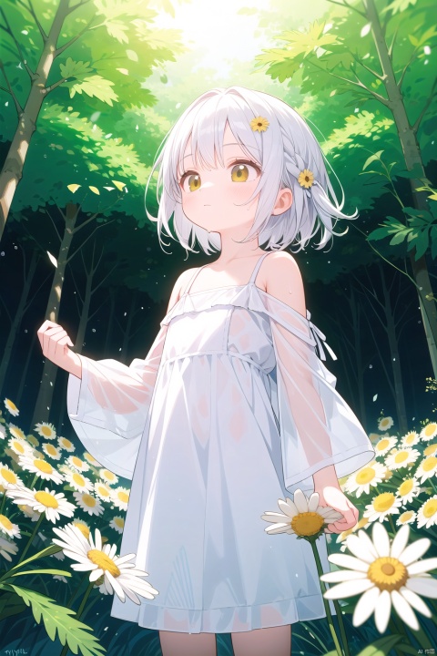 yellow theme,the setting sun,(((Chamomile))),Chamomile,cornflower,vines,forest,ruins,lens flare,hdr,Tyndall effect,damp,wet,1girl,bare shoulders,broken glass,broken wall,white hair,white dress,closed mouth,constel lation,flat color,braid,blinking,white robe,float,closed mouth,constel lation,flat color,looking up,standing,medium hair,standing,solo, liquid clothes, simple drawing