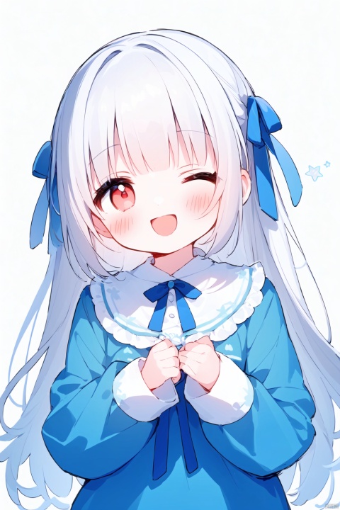 (((artist:nano))),loli,loli,1girl, solo, long hair, looking at viewer, blush, smile, open mouth, bangs, simple background, shirt, red eyes, long sleeves, white background, dress, ribbon, hair ribbon, white shirt, upper body, white hair, one eye closed, puffy sleeves, star \(symbol\), english text, v, blue dress, hair intakes, ;d, blue ribbon, puffy long sleeves, best quality, amazing quality, very aesthetic, absurdres