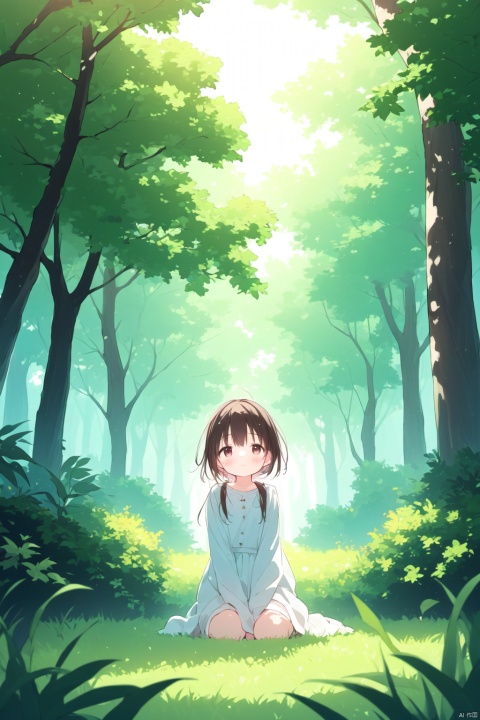 (((artist:nano))),loli,A serene landscape with a young girl kneeling down at the base of an ancient tree. Soft morning sunlight filters through the leaves, casting dappled patterns on her innocent face. Her gaze is downward, as if lost in thought, surrounded by lush greenery and vibrant flowers. Captured in candid silence, exuding tranquility and wonder.