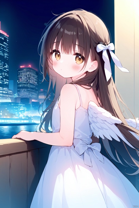 (((artist:nano))),1girl, solo, best quality, detailed, looking at viewer, standing, looking back, closed mouth, brown eyes, brown hair, very long hair, hair bow, bangs, white dress, sleeveless dress, bare shoulders, feathered wings, night, building, outdoors, white bow, city 