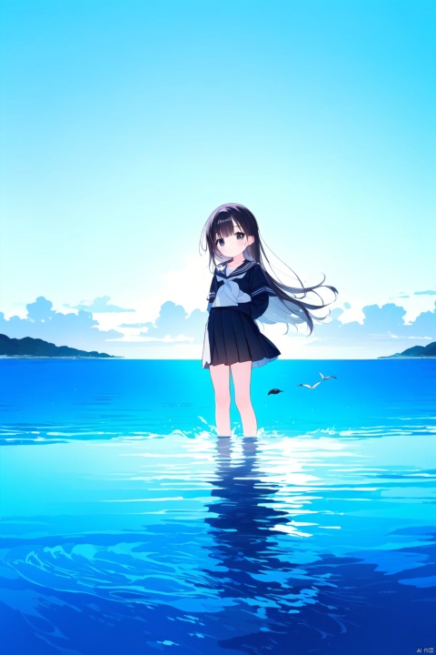 (((artist:nano))),loli,1girl, solo, best quality, detailed, blue theme, blue background, looking at viewer, kneeling, wading, standing on liquid, holding, closed mouth, black eyes, black hair, very long hair, bangs, collarbone, black skirt, pleated skirt, black shirt, black serafuku, long sleeves, black sailor collar, crow, water, white neckerchief, ripples, ocean, waves, horizon, fish, partially submerged, afloat, sky, reflection, cloud