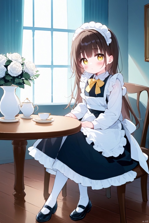 (((artist:nano))),loli,1girl, solo, long hair, looking at viewer, blush, bangs, brown hair, long sleeves, dress, bow, brown eyes, sitting, closed mouth, full body, yellow eyes, flower, pantyhose, frills, shoes, day, indoors, bowtie, black footwear, apron, black dress, cup, maid, maid headdress, window, rose, chair, table, white flower, white apron, maid apron, teacup, frilled apron, yellow flower, teapot, white rose, vase