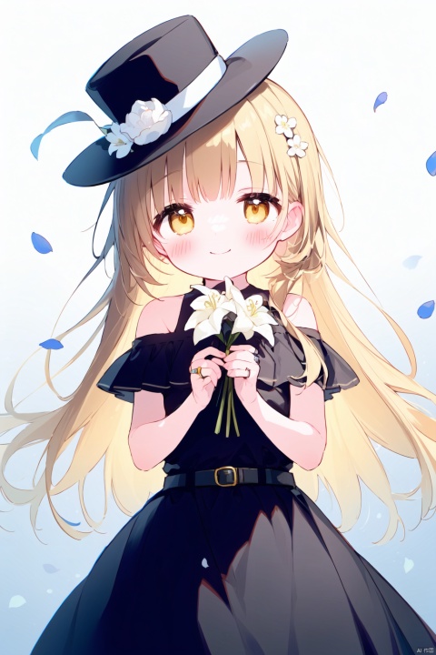 (((artist:nano))),loli,1girl, solo, flower, dress, holding_flower, long_hair, holding, black_dress, blonde_hair, hat, hair_ornament, black_headwear, mini_hat, hairclip, petals, white_flower, closed_mouth, top_hat, yellow_eyes, chromatic_aberration, lily_\(flower\), looking_at_viewer, bridal_gauntlets, ring, belt, off_shoulder, orange_eyes, smile, very_long_hair, off-shoulder_dress, bare_shoulders