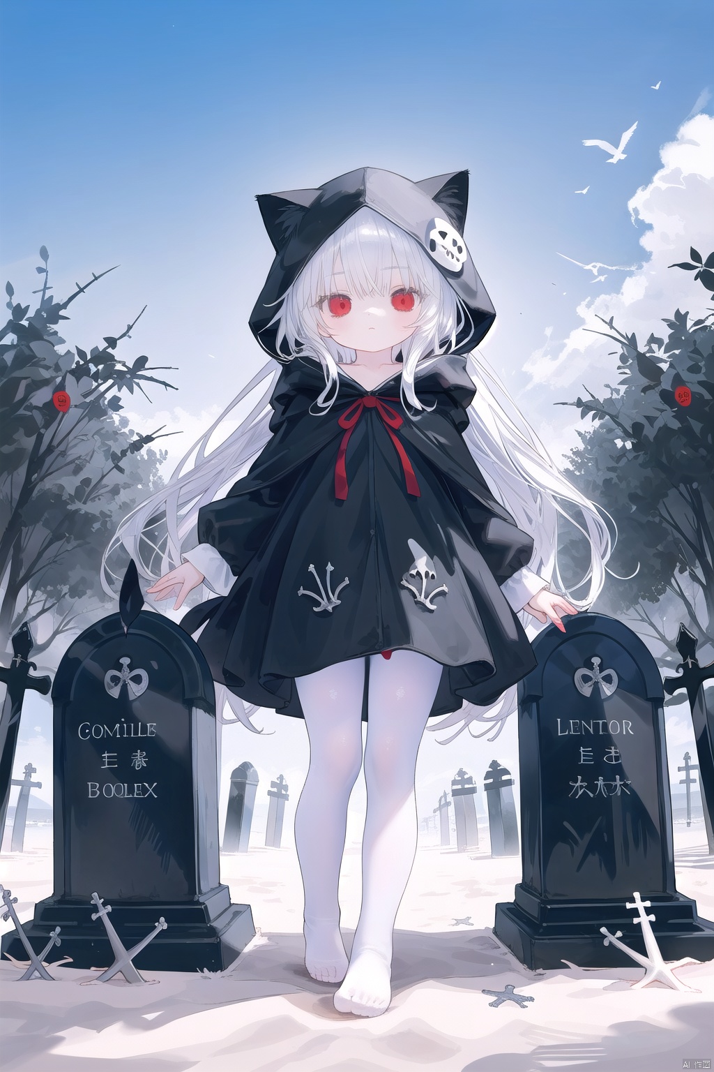 1girl, loli, petite child, white hair, long hair, red eyes, grim reaper, black robe, cat_hood, standing on one leg, another leg up, trample, white pantyhose, foot soles, underfoot, look down, shadow, graveyard, tombstone,beach,