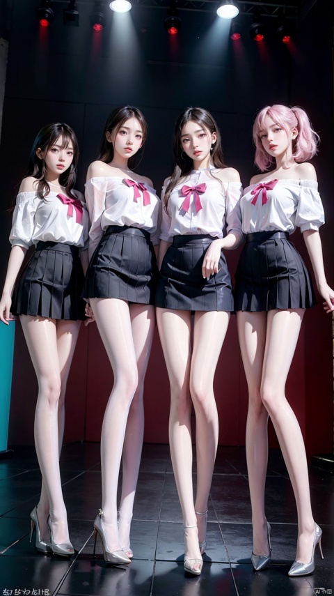  Super long legs, （（（3girl）））, standing, multiple girls, group picture Professional studio, integrated short skirt, multiple girls, （）off-the-shoulder shirts and plum red pleated skirts shorts stand by . Against a pure pink, blue, and red background, the air is filled with a fairylike atmosphere, and there is apink,Colorful spotlights,Colorful spotlights