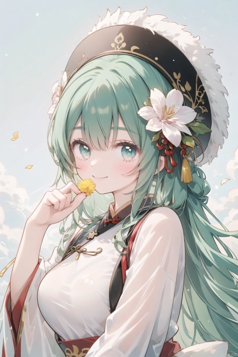  1 Girl, ancient Chinese clothing, riches, a smile, headwear, gems, fairy, satin, streamers, clouds, sunshine, light green background, masterpieces, winter, With a flower in his mouth, TT