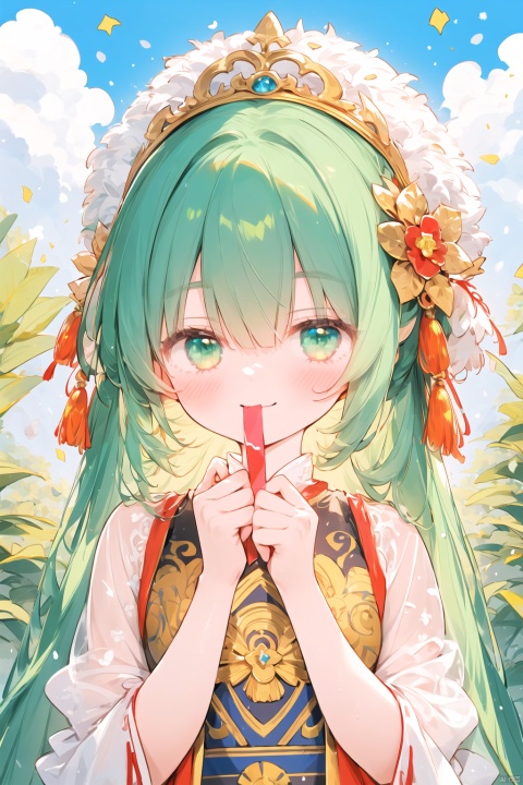  1 Girl, ancient Chinese clothing, riches, a smile, headwear, gems, fairy, satin, streamers, clouds, sunshine, light green background, masterpieces, winter, With a flower in his mouth, TT