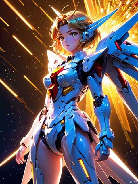  (1girl:1.3),full_body,gundam,highly realistic,glassy translucence,graceful, pose, blink-and-you-miss-it detail,Sci-fi light effects,(Illuminated circuit board:1.6),rich colors,gorgeous colors,colorful, with light beams on the face