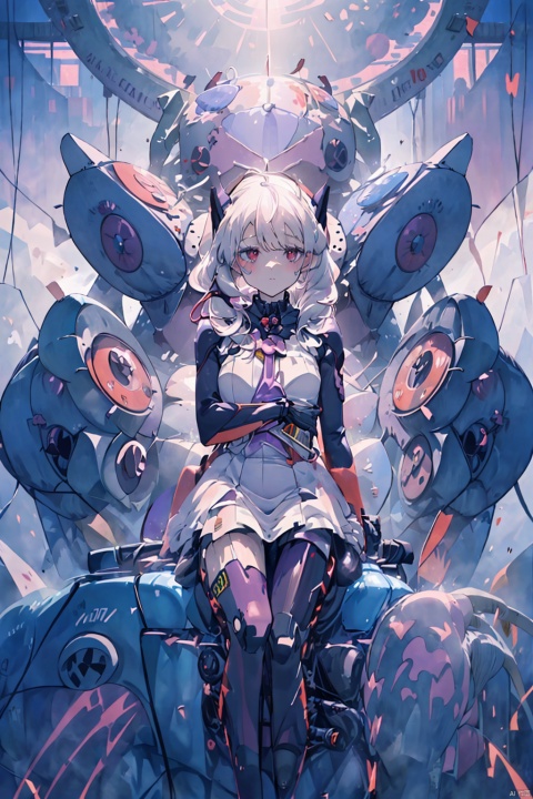 Illyasviel von Einzbern:1.4, masterpiece, best quality, illustration, beautiful detailed eyes,colorful background,mechanical prosthesis,mecha coverage,emerging dark purple across with white hair,pig tails,disheveled hair,fluorescent purple,cool movement,rose red eyes,beatiful detailed cyberpunk city,multicolored hair,beautiful detailed glow,1 girl, expressionless,cold expression,insanity, long bangs,long hair, lace,dynamic composition, motion, ultra - detailed, incredibly detailed, a lot of details, amazing fine details and brush strokes, smooth, hd semirealistic anime cg concept art digital painting