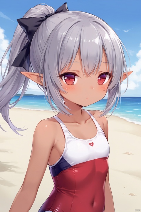  grossissementdedeuxcentsoixantepourcent_portrait, [[artist:sho_(sho_lwlw)]],side_view,1girl,loli,gray hair,elf_ears,high_ponytail,red_eye,tan_skin,swim_suit,summer,mid_day,sand,beach,sea,