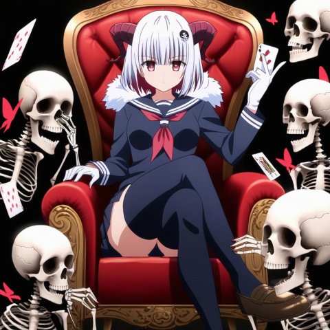  1girl, card, horns, sitting, red eyes, thighhighs, playing card, school uniform, serafuku, skull, chair, neckerchief, holding card, white hair, bug, looking at viewer, butterfly, sailor collar, armchair, red neckerchief, bangs, shoes, black serafuku, short hair, fur trim, holding, shirt, skirt, 1boy, white gloves, skeleton, red hair, red nails, gloves, crossed legs, long sleeves, jacket