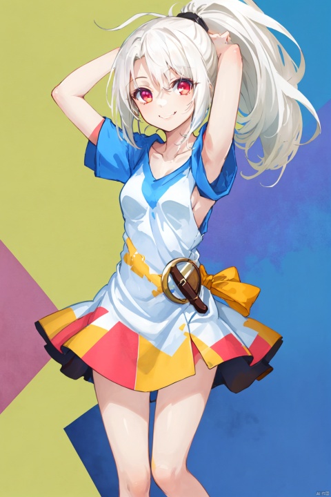  (highly detailed),best quality,1girl,(((breasts out))),((loose t-shirt)),collarbone,bare legs,little smile,white hair,high ponytail,flat chest,arms up,