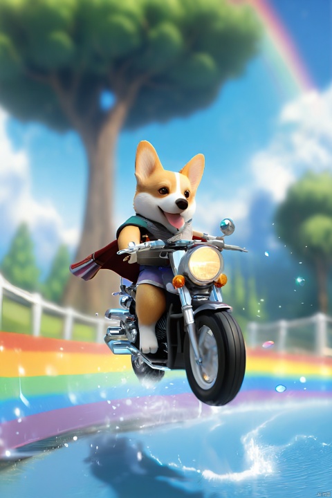  very beautiful,high quality,(a girl riding a motorcycle:1.1),corgi,girl,solo,(motor vehicle:1.2),riding,scarf,running on the rainbow,tree,extreme perspective,looking up at the camera,rainbow,3d style,C4D,blender,kawaii,water spray,speed,bifrost,(masterpiece:1.2), best quality,PIXIV,humorous,beautiful colorful background,