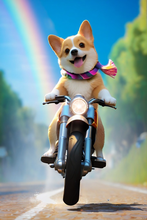  very beautiful,high quality,(a dog riding a motorcycle:1.1),corgi,girl,solo,(motor vehicle:1.2),riding,scarf,running on the rainbow,tree,extreme perspective,looking up at the camera,rainbow,3d style,C4D,blender,kawaii,water spray,speed,bifrost,(masterpiece:1.2), best quality,PIXIV,humorous,beautiful colorful background,