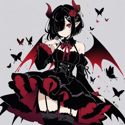  (pen_art_style,pen_drawing_style), (masterpiece),(best quality), 1girl, wings, butterfly, thighhighs, horns, solo, bug, black hair, detached sleeves, red eyes, looking at viewer, demon wings, hair over one eye, dress, lolita fashion, gothic lolita, breasts, flower, demon horns, black thighhighs, gothic, hair ornament, claw ring, medium breasts, short hair, demon girl, long sleeves, black dress