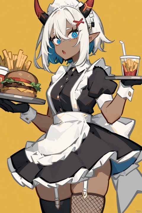  1girl, solo, looking at viewer, short hair, open mouth, blue eyes, simple background, hair ornament, thighhighs, gloves, dress, holding, blue hair, tail, white hair, short sleeves, multicolored hair, frills, food, horns, pointy ears, black gloves, hairclip, puffy sleeves, dark skin, apron, collar, two-tone hair, dark-skinned female, cup, puffy short sleeves, wrist cuffs, maid, maid headdress, colored skin, garter straps, monster girl, single thighhigh, fishnets, yellow background, tentacles, cropped legs, tray, oni horns, drinking straw, colored inner hair, holding tray, fishnet thighhighs, burger, french fries