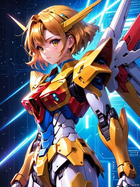  (1girl:1.3),full_body,gundam,highly realistic,glassy translucence,graceful, pose, blink-and-you-miss-it detail,Sci-fi light effects,(Illuminated circuit board:1.6),rich colors,gorgeous colors,colorful, with light beams on the face