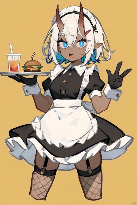  1girl, solo, looking at viewer, short hair, open mouth, blue eyes, simple background, hair ornament, thighhighs, gloves, dress, holding, blue hair, tail, white hair, short sleeves, multicolored hair, frills, food, horns, pointy ears, black gloves, hairclip, puffy sleeves, dark skin, apron, collar, two-tone hair, dark-skinned female, cup, puffy short sleeves, wrist cuffs, maid, maid headdress, colored skin, garter straps, monster girl, single thighhigh, fishnets, yellow background, tentacles, cropped legs, tray, oni horns, drinking straw, colored inner hair, holding tray, fishnet thighhighs, burger, french fries