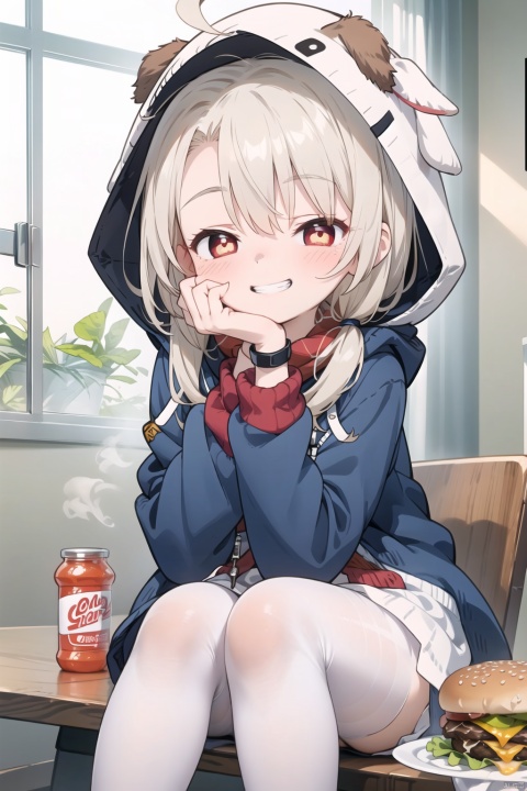  (detailed eyes, detailed face, detailed skin),masterpiece, (best quality, ultra-detailed,insanely detailed:1.2), (ultra high res,sharp focus,perfect anatomy,cel animation,fantastic illumination), super fine, anime beautiful girl,dynamic pose,1girl,ahoge,arm on table,bar (place),blue hood,blue jacket,blue shirt,blue sleeves,bright pupils,brown hair,burger,clenched hands,closed eyes,dog,eating,eyelashes,fire,food,gloves,grin,hand on own cheek,hand on own face,hood,hood down,hooded jacket,indoors,jacket,ketchup,ketchup bottle,lettuce,long sleeves,one eye closed,red gloves,red scarf,scarf,scroll,shirt,short hair,skeleton,smile,tomato,tomato slice,white pupils,white shirt, white pantyhose