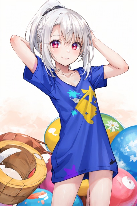  (highly detailed),best quality,1girl,(((breasts out))),((loose t-shirt)),collarbone,bare legs,little smile,white hair,high ponytail,flat chest,arms up,