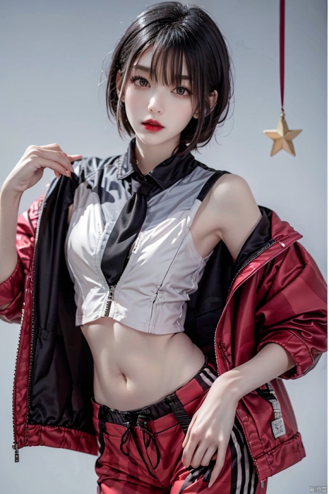  sd_mai,Geometric design style,1girl,solo,black hair,short hair,striped,midriff,pants,looking at viewer,jacket,navel,red lips,