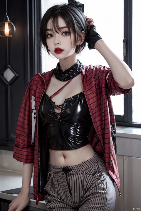  sd_mai,Geometric design style,1girl,solo,black hair,short hair,striped,midriff,pants,looking at viewer,jacket,navel,red lips,