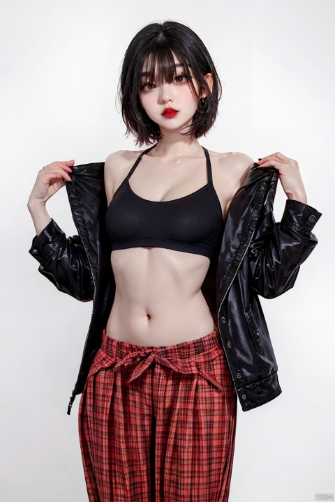  sd_mai,Geometric design style,1girl,solo,black hair,short hair,striped,midriff,pants,looking at viewer,jacket,navel,red lips,