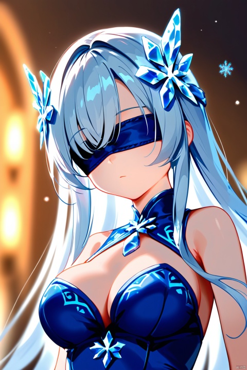  ((best quality)), ((masterpiece)), ((ultra-detailed)), extremely detailed CG, (illustration), ((detailed light)), (an extremely delicate and beautiful), a girl, solo,(blindfold:1.9), ((upper body,)), ((cute face)), expressionless, (beautiful detailed eyes), full breasts, (medium breasts:1.2), blue dragon eyes, (Vertical pupil:1.2), white hair, shiny hair, colored inner hair, [Armor_dress], blue_hair ornament, ice adorns hair,depth of field, [ice crystal], (snowflake), dofas