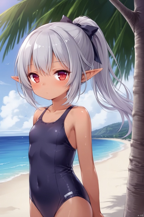  grossissementdedeuxcentsoixantepourcent_portrait, [[artist:sho_(sho_lwlw)]],side_view,1girl,loli,gray hair,elf_ears,high_ponytail,red_eye,tan_skin,swim_suit,summer,mid_day,sand,beach,sea,