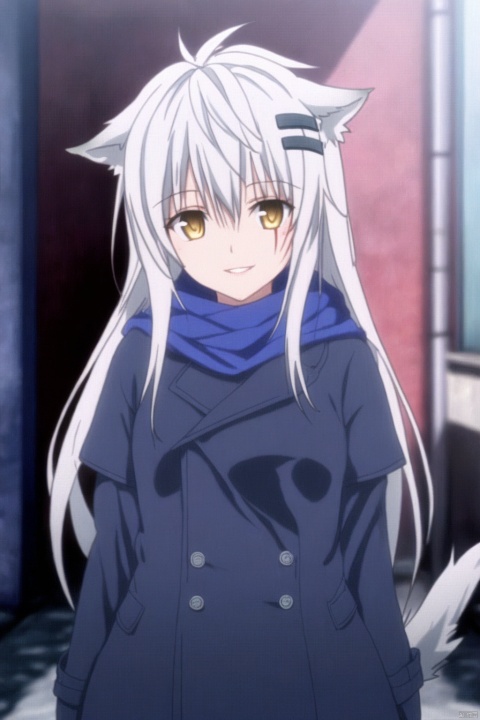  1girl, solo, animal ears, lappland \(arknights\), wolf ears, scar, long hair, smile, scar across eye, looking at viewer, scar on face, white hair, hair ornament, hairclip, cowboy shot, jacket, coat, yellow eyes, hair between eyes, long sleeves, tail, outdoors, alternate costume, bangs, wolf girl, wolf tail, blue scarf, parted lips, scarf, sleeves past fingers