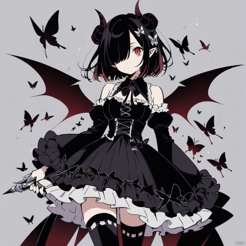 (pen_art_style,pen_drawing_style), (masterpiece),(best quality), 1girl, wings, butterfly, thighhighs, horns, solo, bug, black hair, detached sleeves, red eyes, looking at viewer, demon wings, hair over one eye, dress, lolita fashion, gothic lolita, breasts, flower, demon horns, black thighhighs, gothic, hair ornament, claw ring, medium breasts, short hair, demon girl, long sleeves, black dress