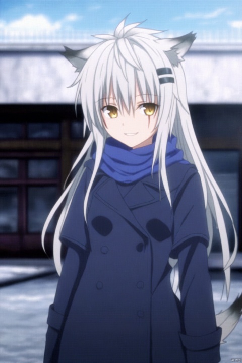  1girl, solo, animal ears, lappland \(arknights\), wolf ears, scar, long hair, smile, scar across eye, looking at viewer, scar on face, white hair, hair ornament, hairclip, cowboy shot, jacket, coat, yellow eyes, hair between eyes, long sleeves, tail, outdoors, alternate costume, bangs, wolf girl, wolf tail, blue scarf, parted lips, scarf, sleeves past fingers
