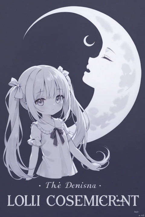  very long hair,twintails,loli,loli,loli,loli,loli,loli,loli,loli, ﻿grossissementdedeuxcentsoixantepourcent_portrait, no_humans, silhouette, crescent_moon, monochrome, english_text, moon