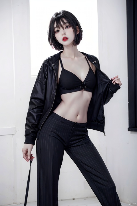  sd_mai,Geometric design style,1girl,solo,black hair,short hair,striped,midriff,pants,looking at viewer,jacket,navel,red lips,