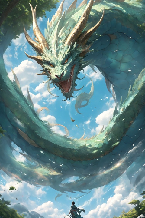  This mighty dragon presents an aura of grandeur and mystery. Its body stretches for dozens of meters, covered in thick scales that resemble dazzling gemstones, shimmering with deep blue and emerald green hues. The dragon's wings are expansive and splendid; when unfurled, they can span across the entire valley. Surrounding it are dense primeval forests, with massive trees towering into the sky.
This mighty dragon presents an aura of grandeur and mystery. Its body stretches for dozens of meters, covered in thick scales that resemble dazzling gemstones, shimmering with deep blue and emerald green hues. The dragon's wings are expansive and splendid; when unfurled, they can span across the entire valley. Surrounding it are dense primeval forests, with massive trees towering into the sky.