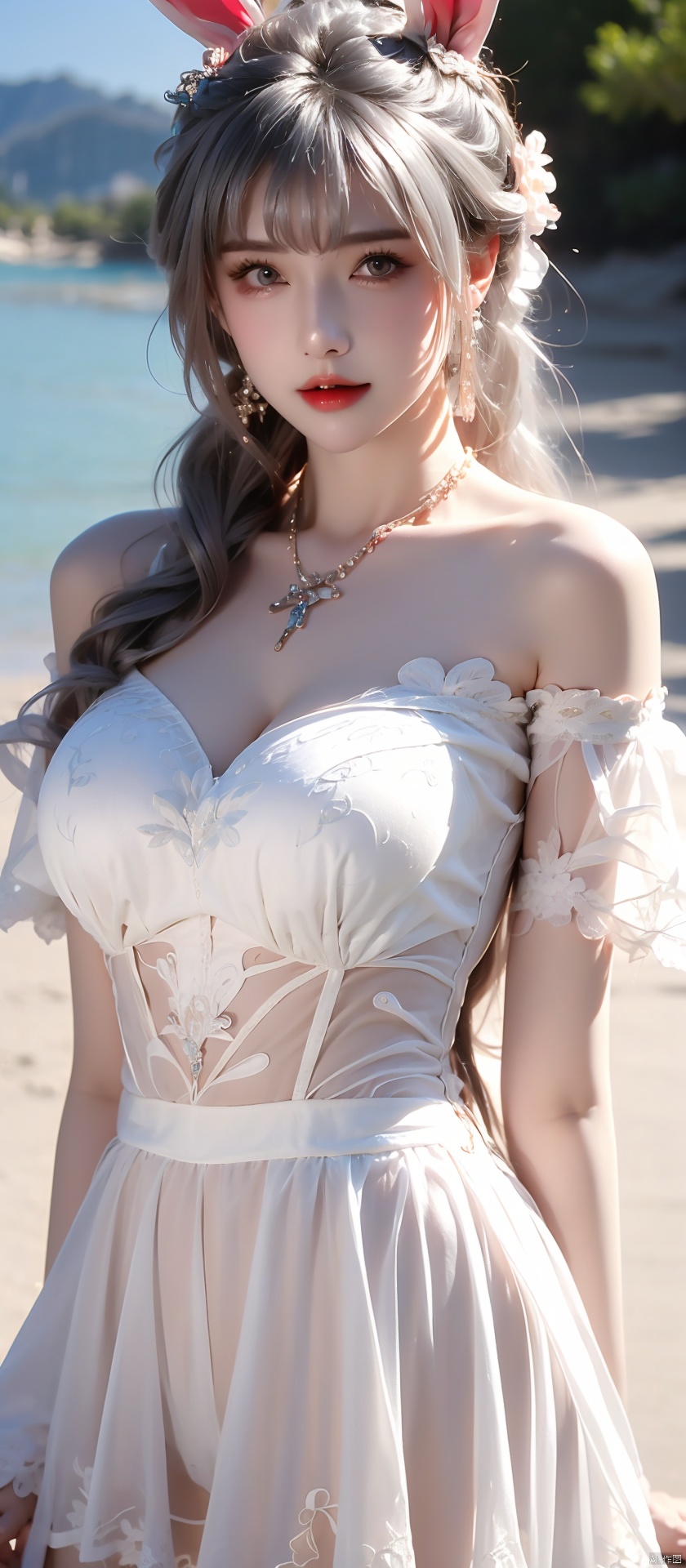  (((1 girl))), (medium breasts:), ((upper body:0.7)), half body photo, female solo, depth of field, blue earrings, blue jewelry, off-shoulder white shirt, black tight skirt, (at beach), blonde hair, photorealistic:1.3, realistic), highly detailed CG unified 8K wallpapers, (((straight from front))), (HQ skin:1.3, shiny skin), 8k uhd, dslr, soft lighting, high quality, film grain, Fujifilm XT3, (professional lighting), nangongwan, red lips,