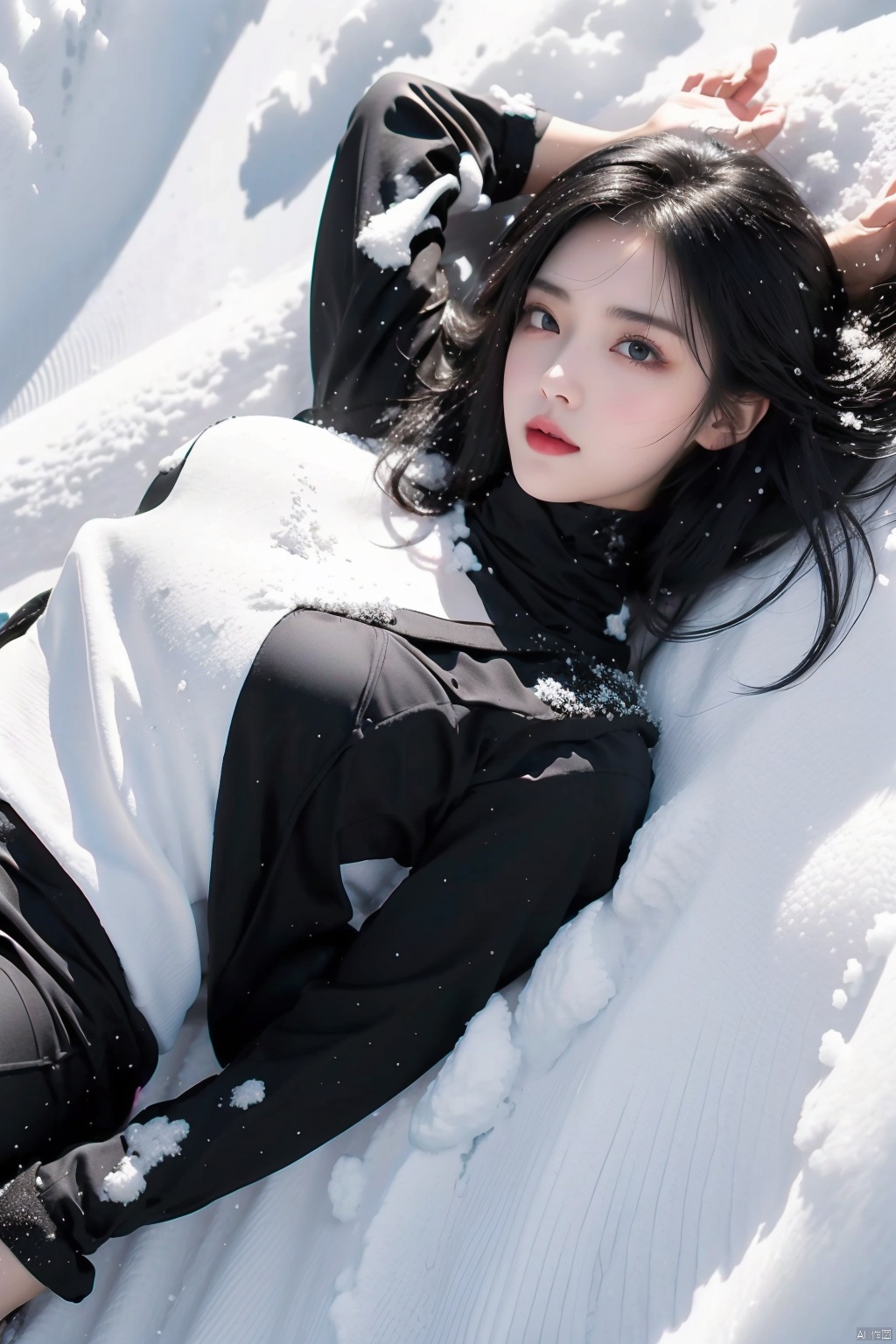  1 girl,(Black tight fitting clothing),Black hair, (snowfield:1.5),full body,Lying down, looking from above,Partially submerged by snow