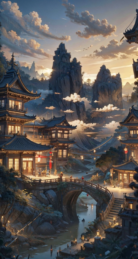  （8k, Best quality at best, high rise：1.1）, A layout for a mixing plugin, crafted by the masterful
Amano Yoshitaka in the realm of digital art and painting
This piece has been trending on ArtStation and is
compatible with Unreal Engine. The scene features
traditional Chinese architecture amidst a cityscape that
resembles a lush forest, all set against a majestic mountain
backdrop with flowing water and meticulously detailed
elements.,2D conceptual design,Clouds