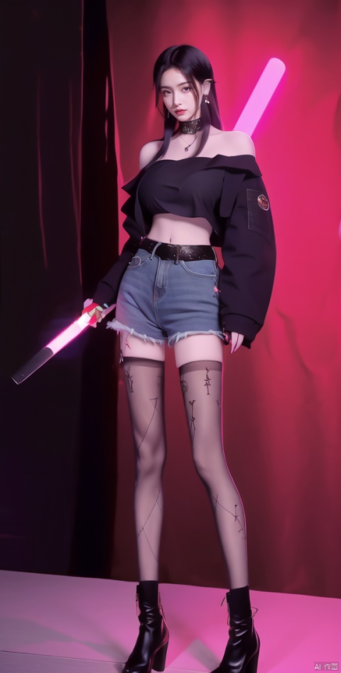  1girl, solo, navel, tattoo, jacket, midriff, belt, pants, holding, lightsaber, boots, energy sword, blue jacket, looking at viewer, full body, jewelry, standing, earrings, multicolored hair, off shoulder, black hair, denim jacket, nail polish, crop top, black footwear, fishnets, bare shoulders, shorts,jyy-hd,yx-hd,mxt-hd,mds-hd, Sexy Big Breast, blackpantyhose, wangyushan
