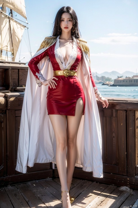  Black long hair, red coat, white cape, gold epaulets, black silk Pantyhose, black high-heeled shoes, standing on the pirate ship, pirateflag,sail,女帝,yuzu,1 girl