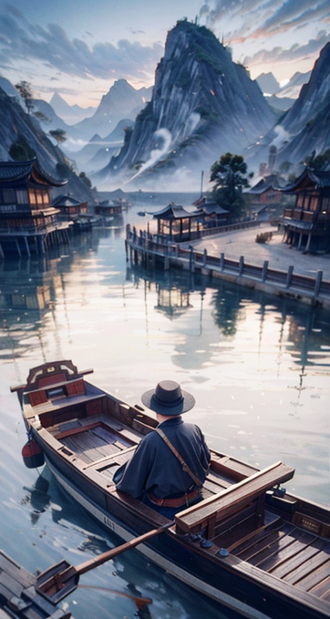  （8k, Best quality at best, high rise：1.1）chinese-ink painting, guijia river at low tide, in the style of matte painting, fisher boat, fisher man, LomoIc-a, sui dynasty, dark maroon and light gray, movie still, mountainous vistas,