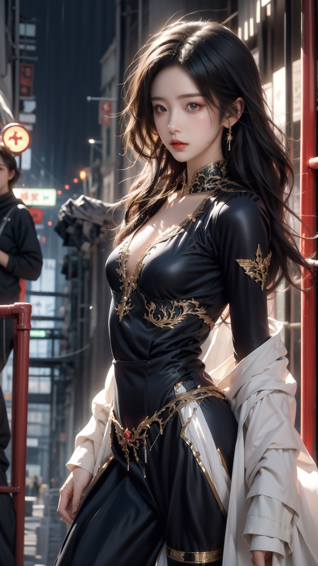  {{master piece}},best quality,illustration,1girl,small breast,beatiful detailed eyes,beatiful detailed cyberpunk city,flat_chest,beatiful detailed hair,wavy hair,beatiful detailed steet,mecha clothes,robot girl,cool movement,sliver bodysuit,{filigree},dargon wings,colorful background,a dragon  stands behind the girl,rainy days,{lightning effect},beatiful detailed sliver dragon arnour,（cold face）